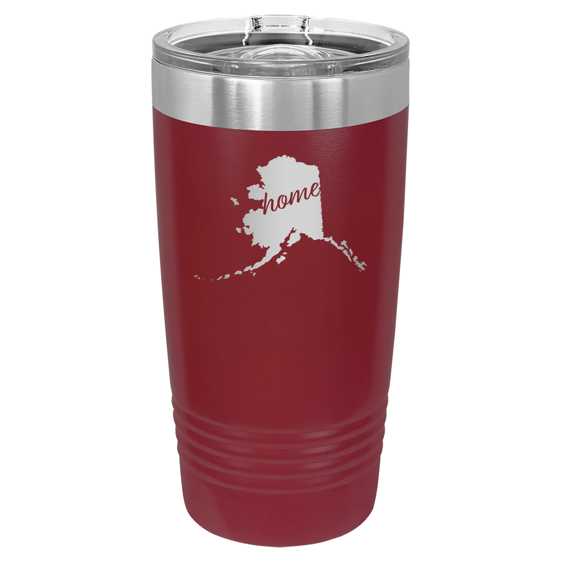 Laser etched maroon 20 oz vacuum insulated tumbler with 'Alaska Home' design