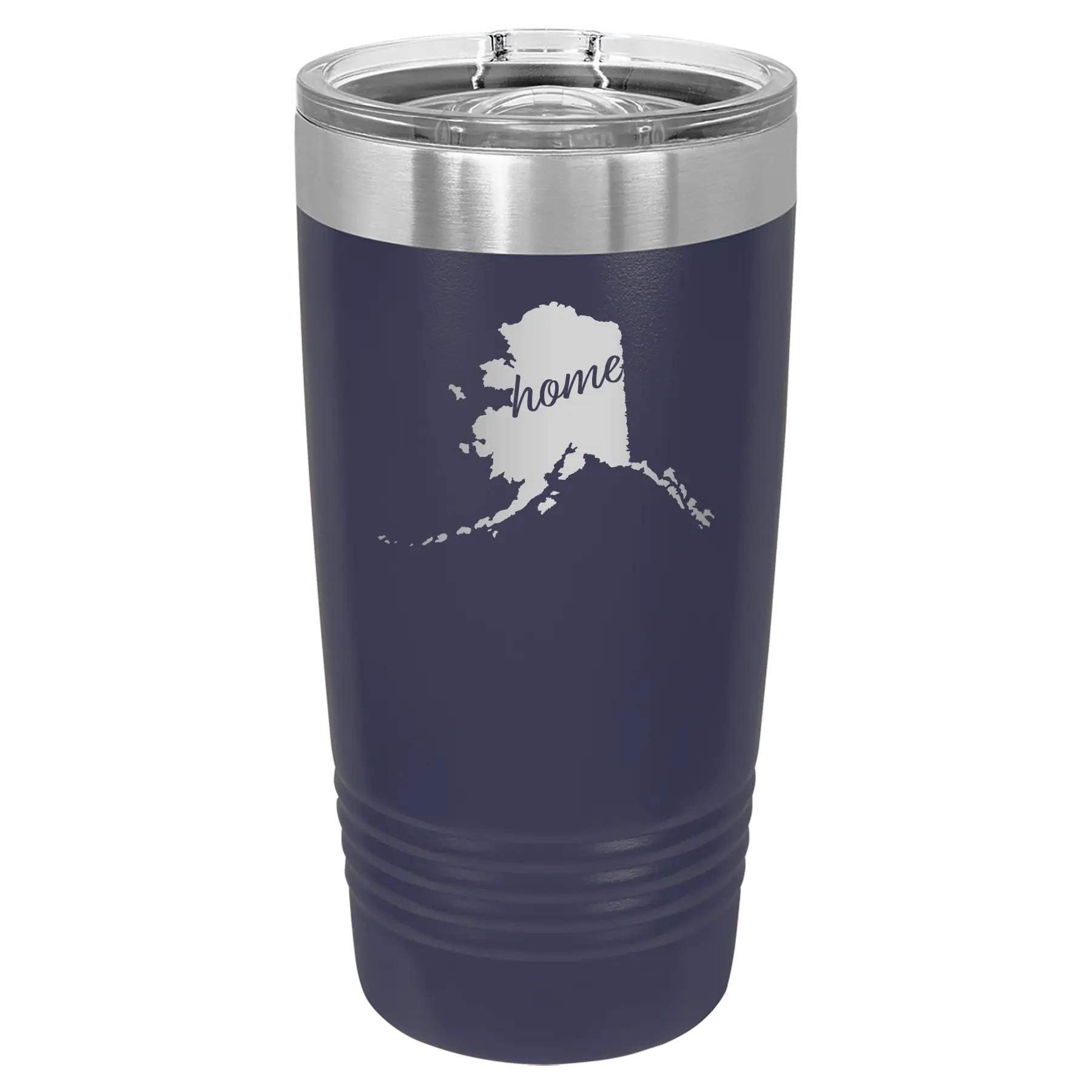 Laser etched navy 20 oz vacuum insulated tumbler with 'Alaska Home' design