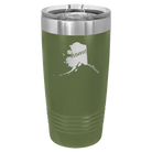 Laser etched olive green 20 oz vacuum insulated tumbler with 'Alaska Home' design