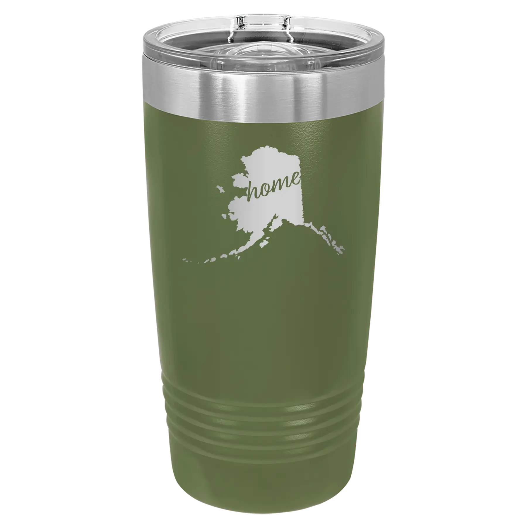 Laser etched olive green 20 oz vacuum insulated tumbler with 'Alaska Home' design