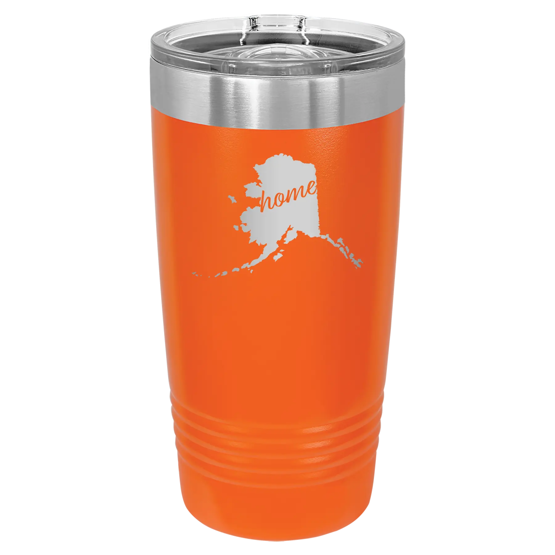 Laser etched orange 20 oz vacuum insulated tumbler with 'Alaska Home' design