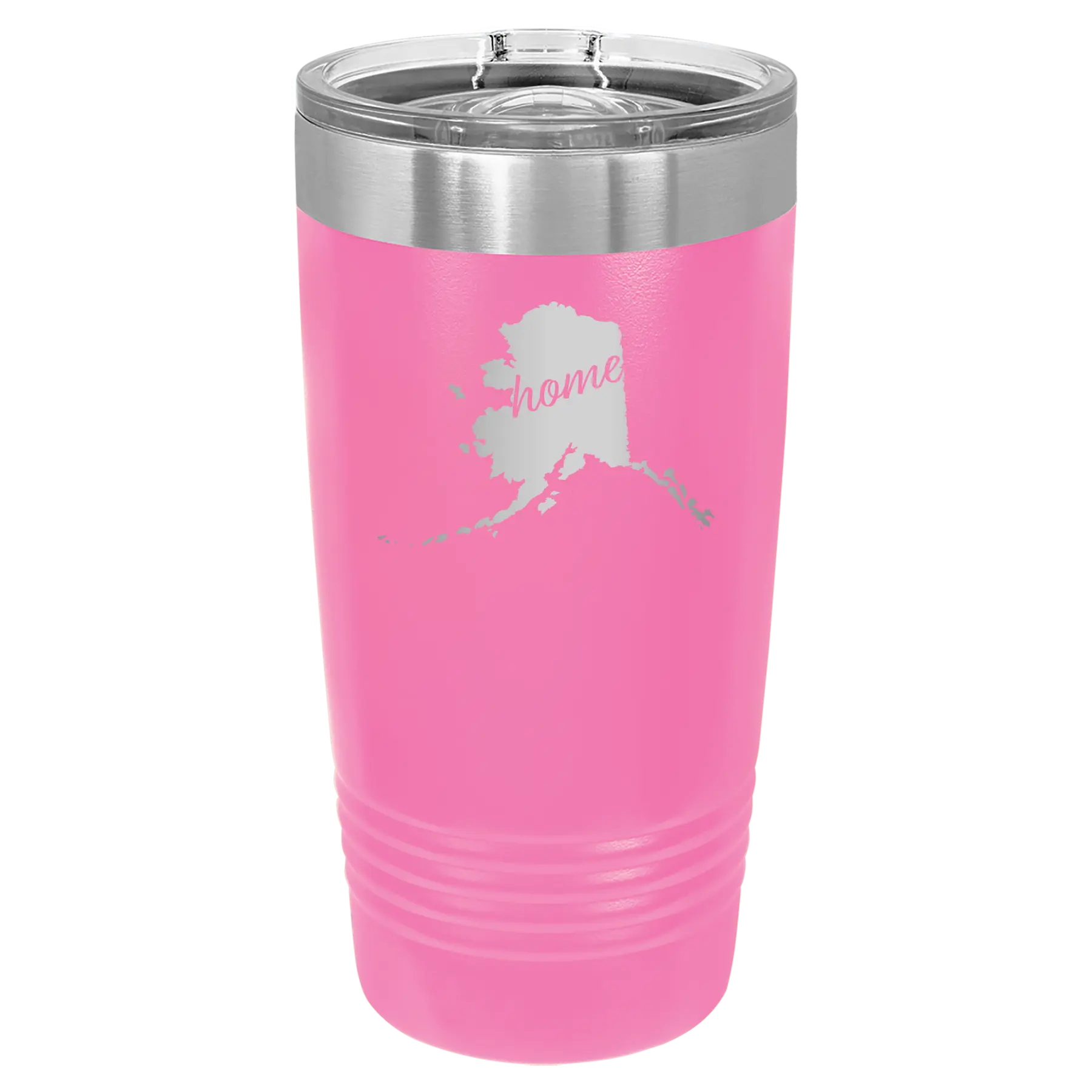Laser etched pink 20 oz vacuum insulated tumbler with 'Alaska Home' design