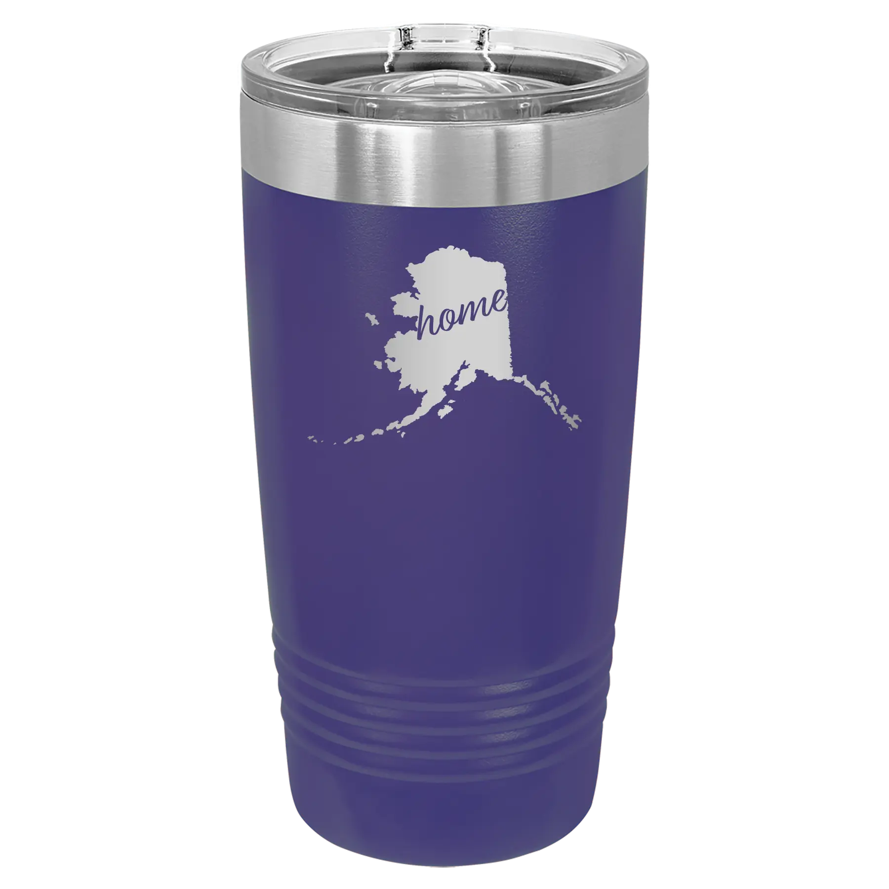 Laser etched purple 20 oz vacuum insulated tumbler with 'Alaska Home' design