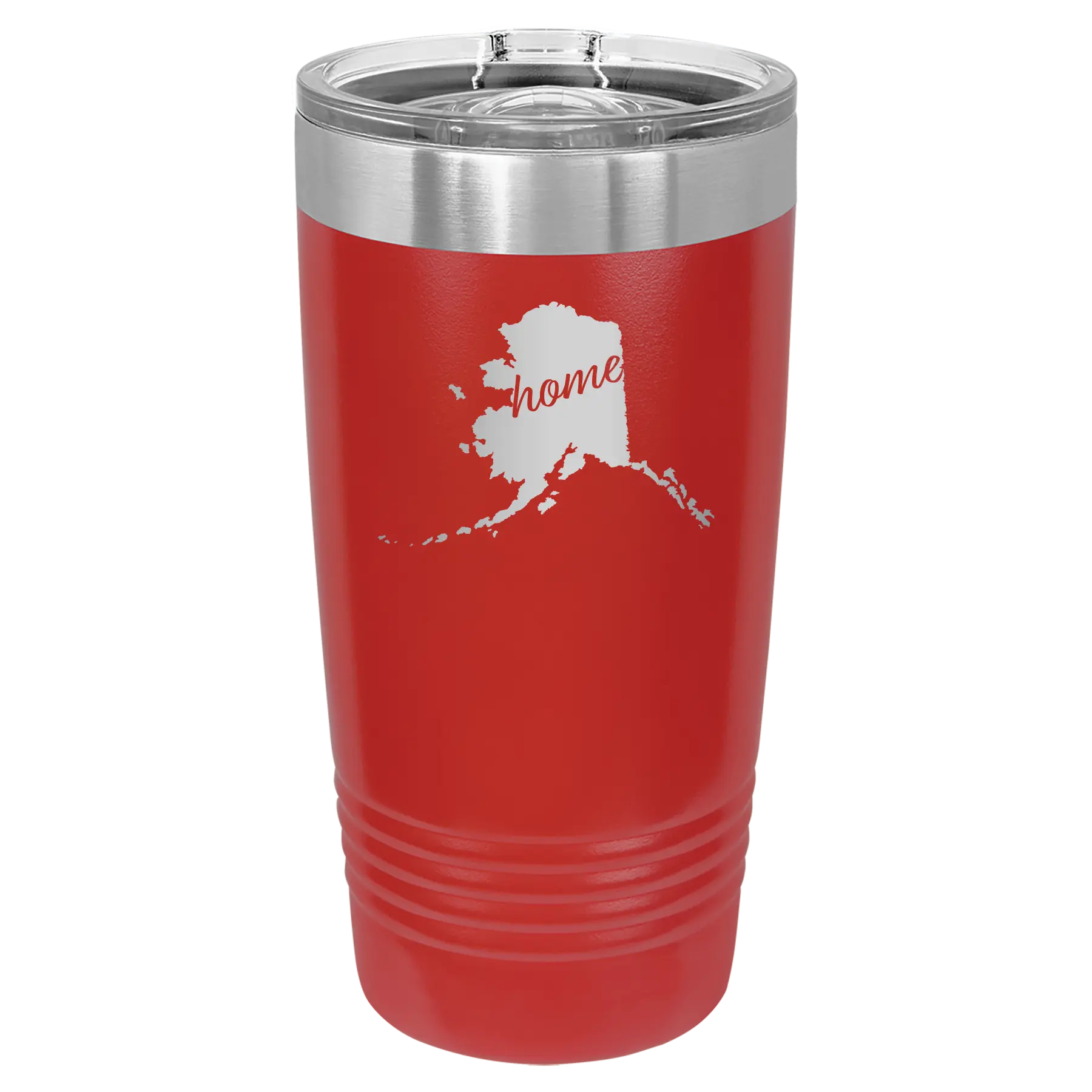 Laser etched red 20 oz vacuum insulated tumbler with 'Alaska Home' design