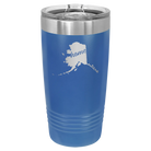 Laser etched royal blue 20 oz vacuum insulated tumbler with 'Alaska Home' design