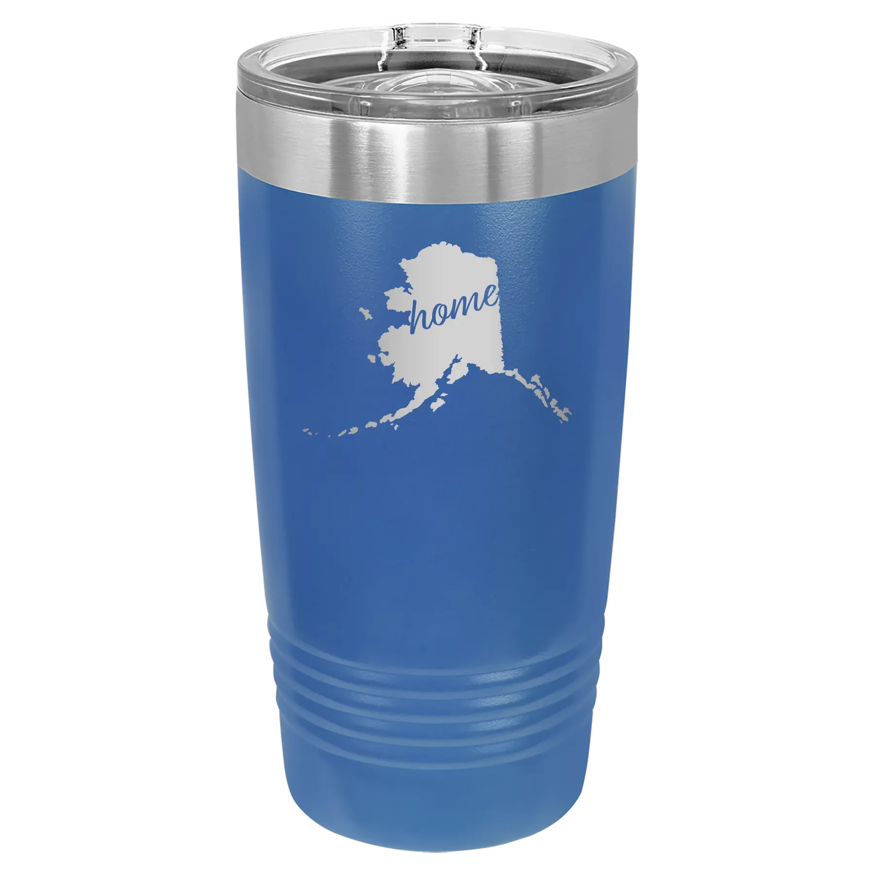 Laser etched royal blue 20 oz vacuum insulated tumbler with 'Alaska Home' design