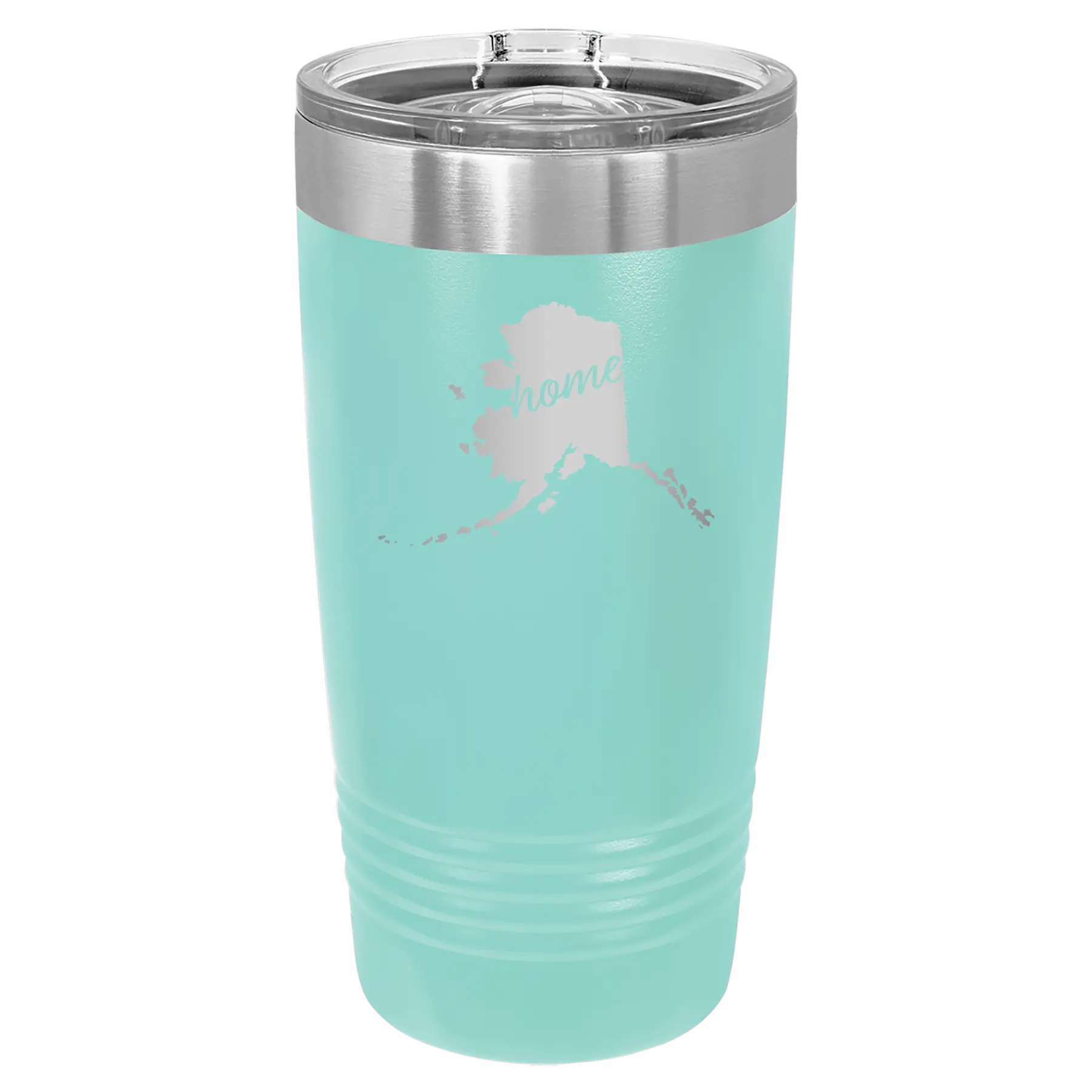 Laser etched teal 20 oz vacuum insulated tumbler with 'Alaska Home' design