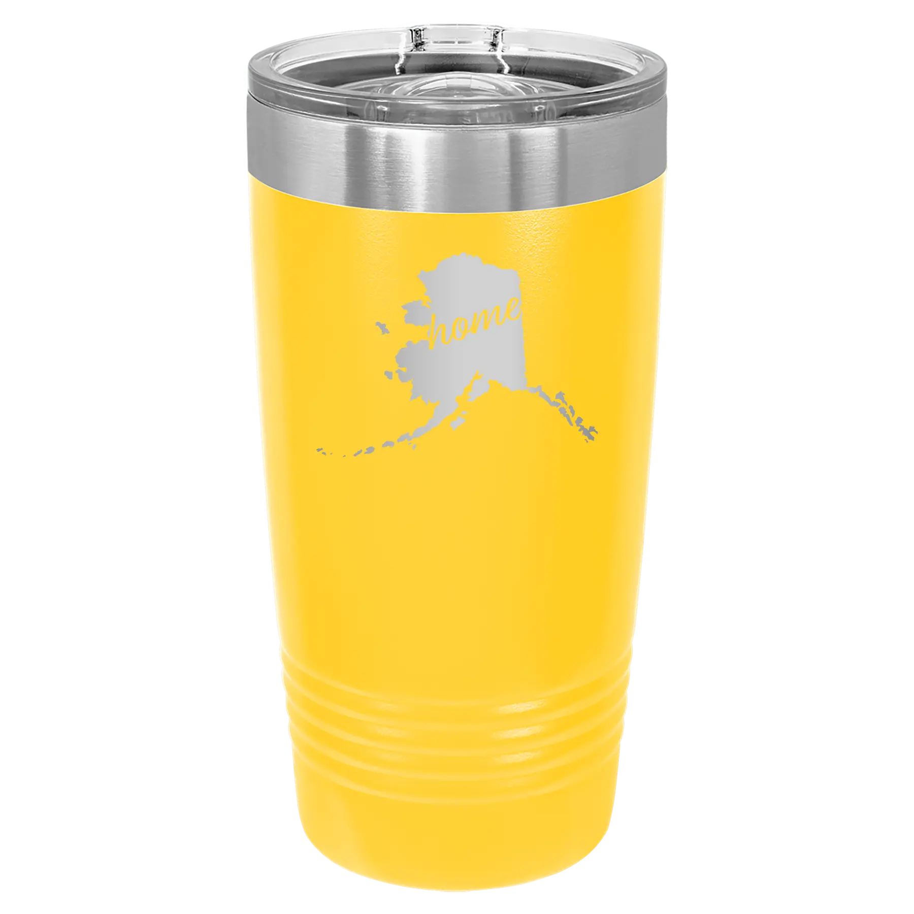 Laser etched yellow 20 oz vacuum insulated tumbler with 'Alaska Home' design