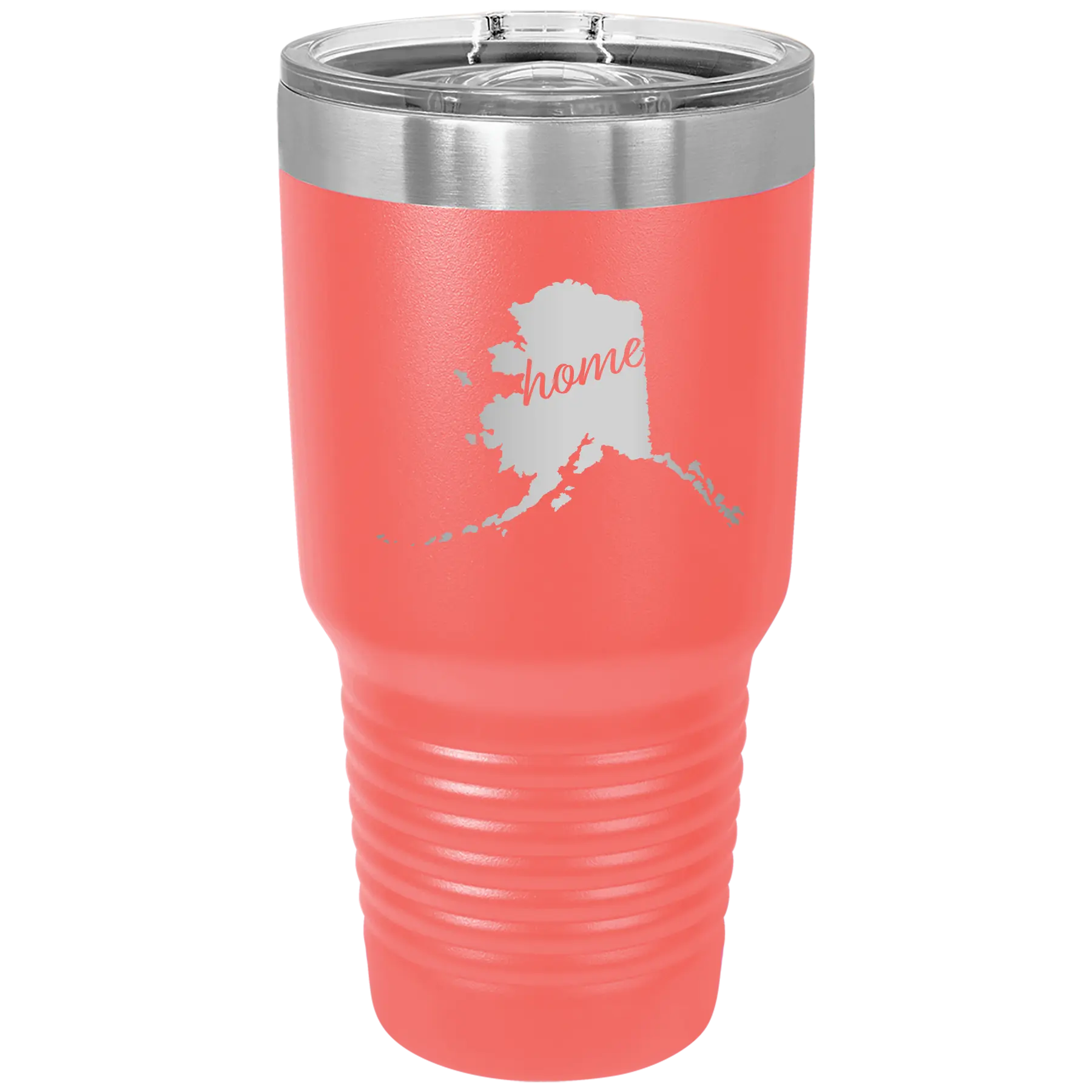 Laser etched coral 30 oz vacuum insulated tumbler with 'Alaska Home' design
