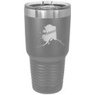 Laser etched dark gray 30 oz vacuum insulated tumbler with 'Alaska Home' design