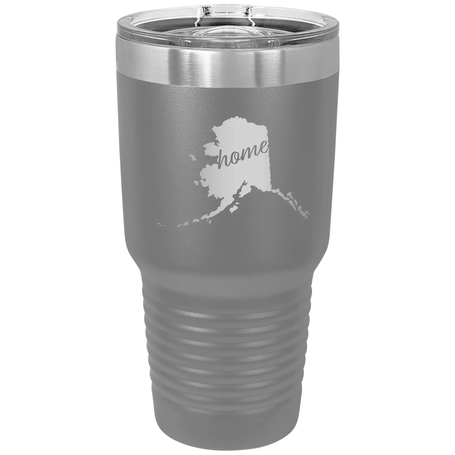 Laser etched dark gray 30 oz vacuum insulated tumbler with 'Alaska Home' design
