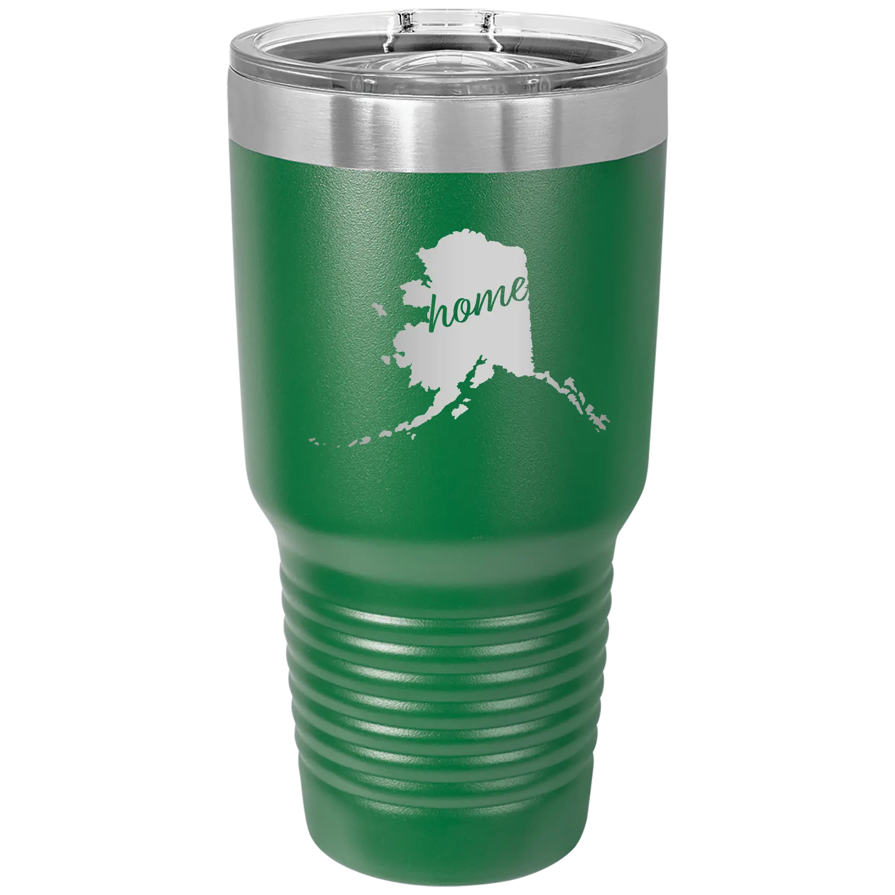 Laser etched green 30 oz vacuum insulated tumbler with 'Alaska Home' design