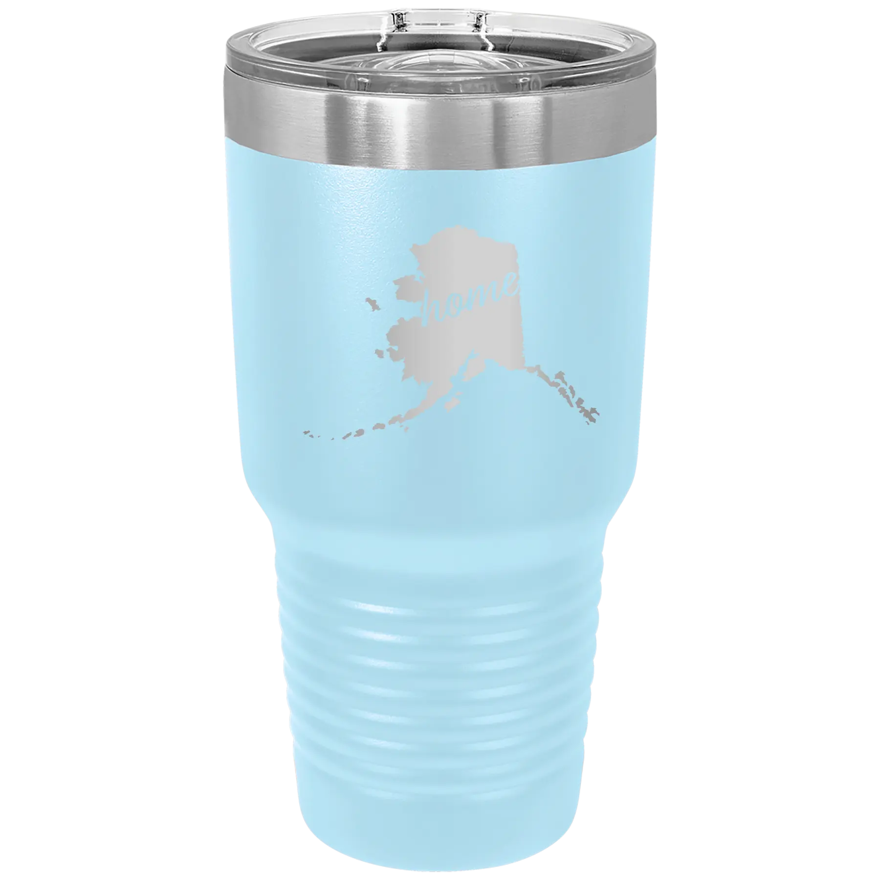 Laser etched light blue 30 oz vacuum insulated tumbler with 'Alaska Home' design
