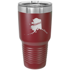 Laser etched maroon 30 oz vacuum insulated tumbler with 'Alaska Home' design