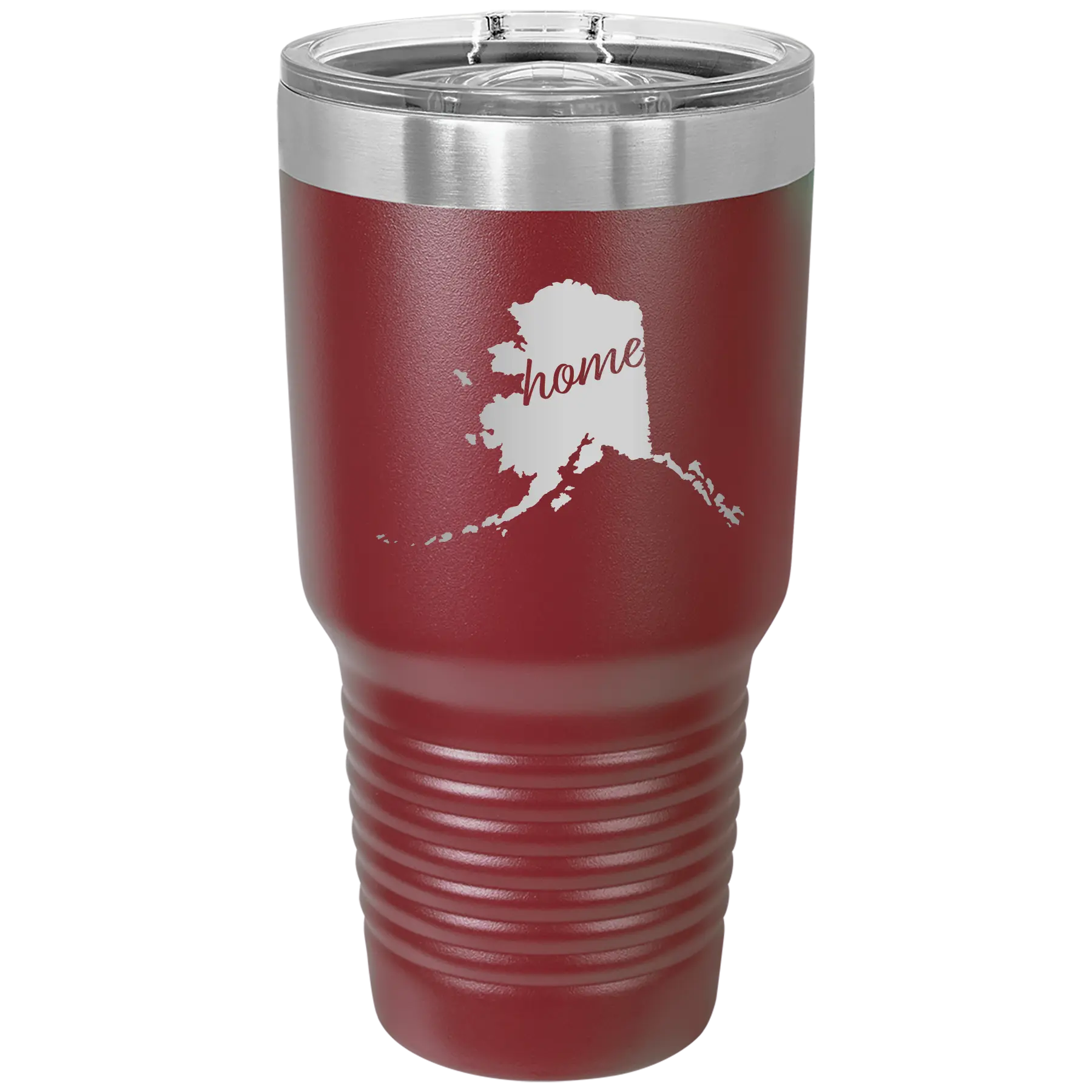 Laser etched maroon 30 oz vacuum insulated tumbler with 'Alaska Home' design