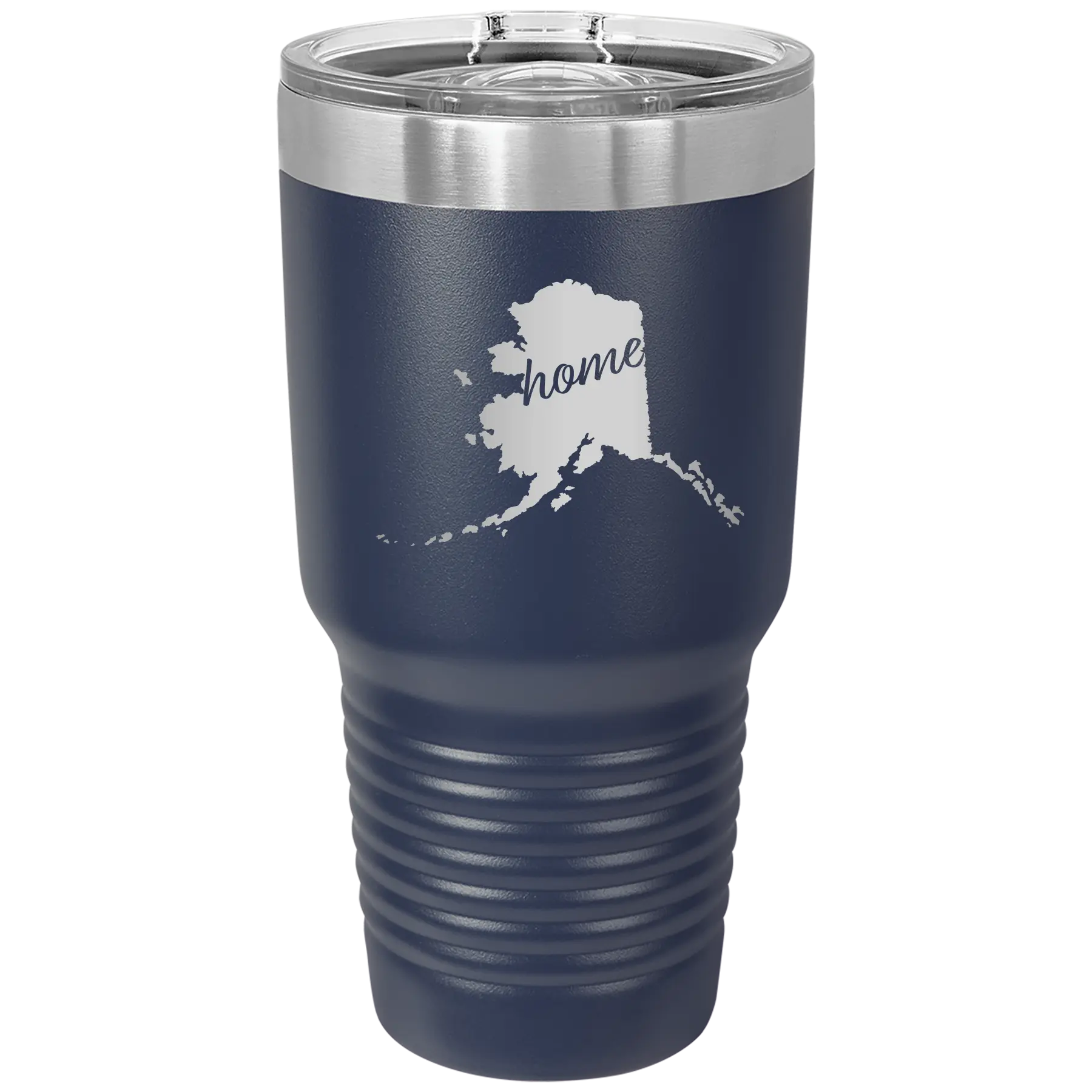Laser etched navy 30 oz vacuum insulated tumbler with 'Alaska Home' design