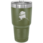 Laser etched olive green 30 oz vacuum insulated tumbler with 'Alaska Home' design