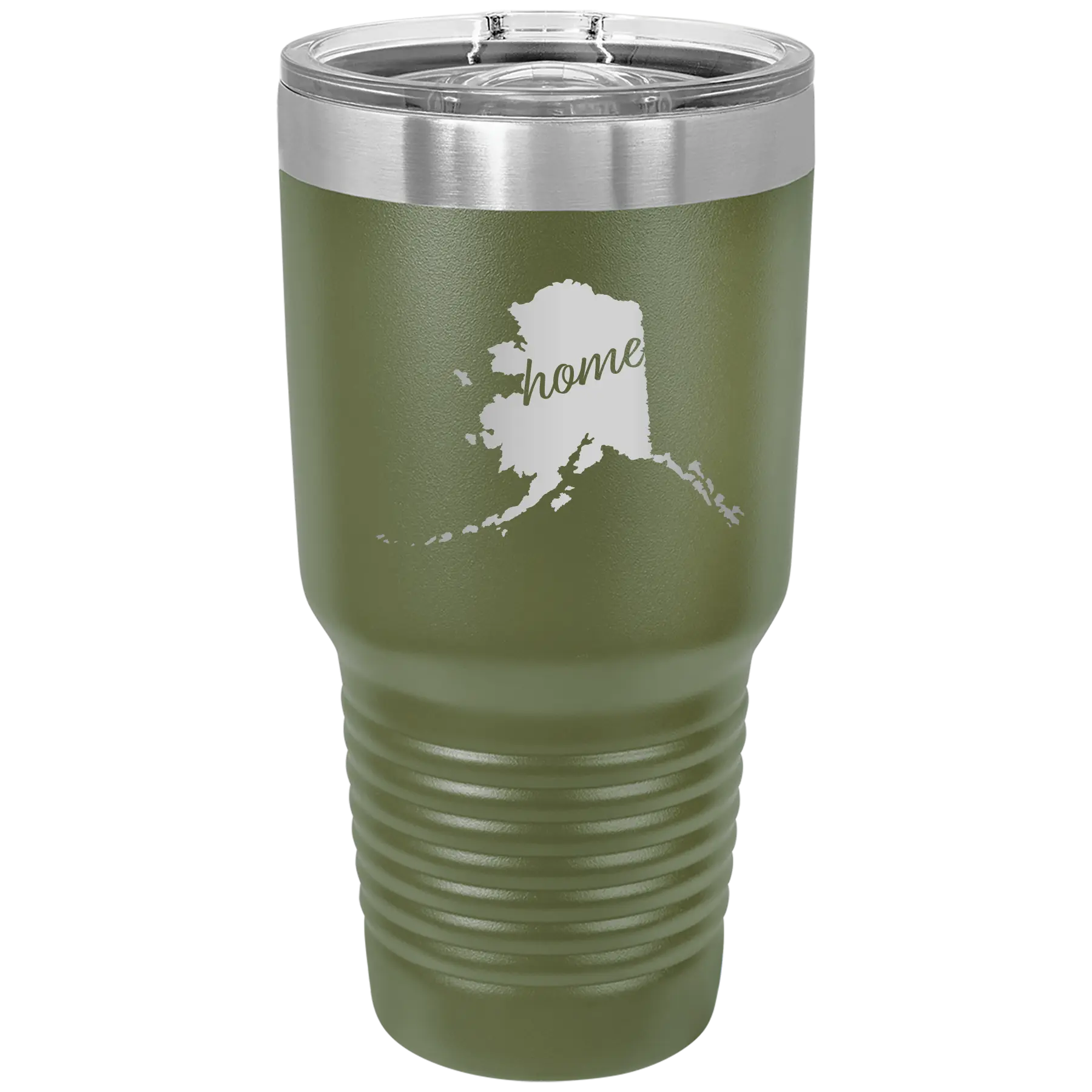 Laser etched olive green 30 oz vacuum insulated tumbler with 'Alaska Home' design