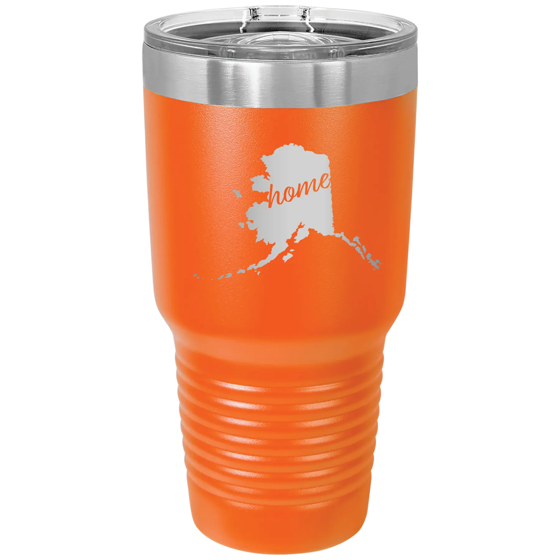 Laser etched orange 30 oz vacuum insulated tumbler with 'Alaska Home' design