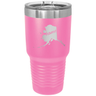 Laser etched pink 30 oz vacuum insulated tumbler with 'Alaska Home' design