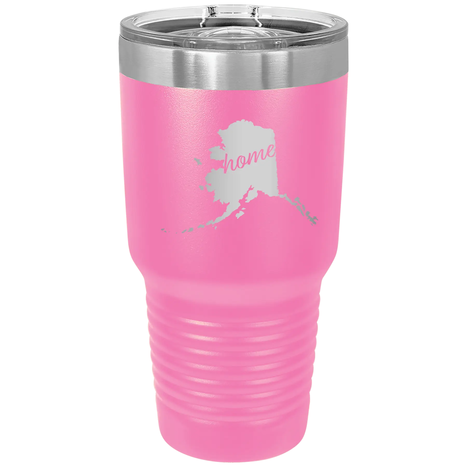 Laser etched pink 30 oz vacuum insulated tumbler with 'Alaska Home' design