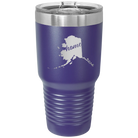 Laser etched purple 30 oz vacuum insulated tumbler with 'Alaska Home' design