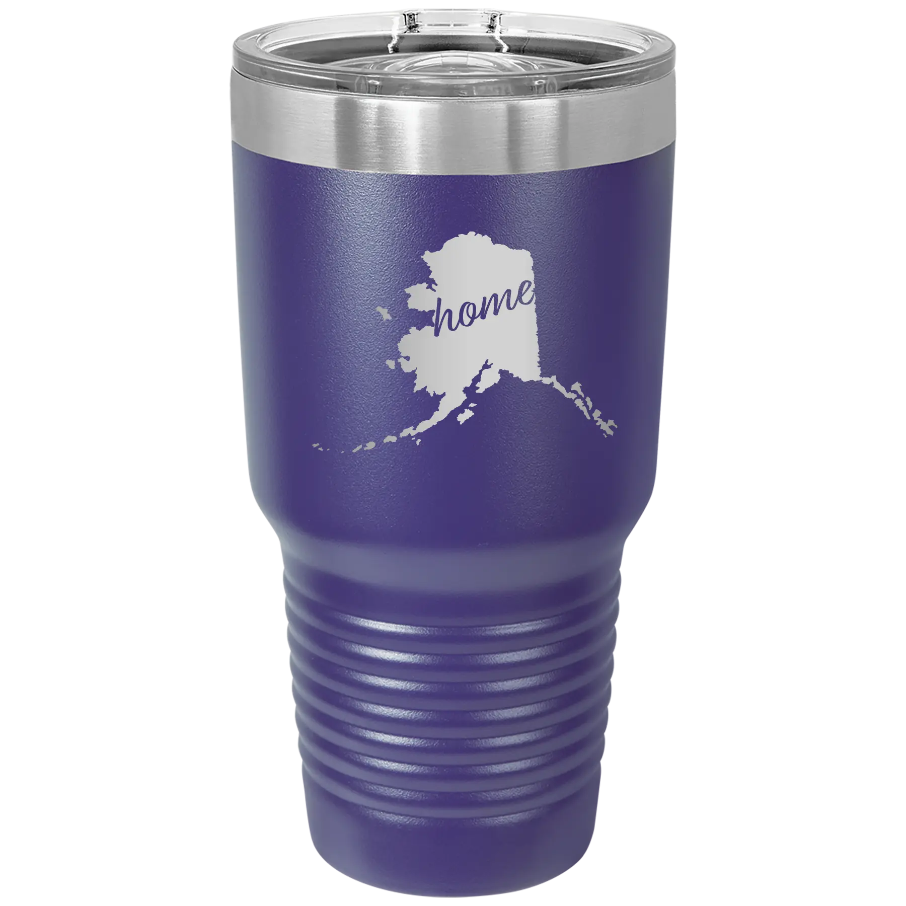 Laser etched purple 30 oz vacuum insulated tumbler with 'Alaska Home' design