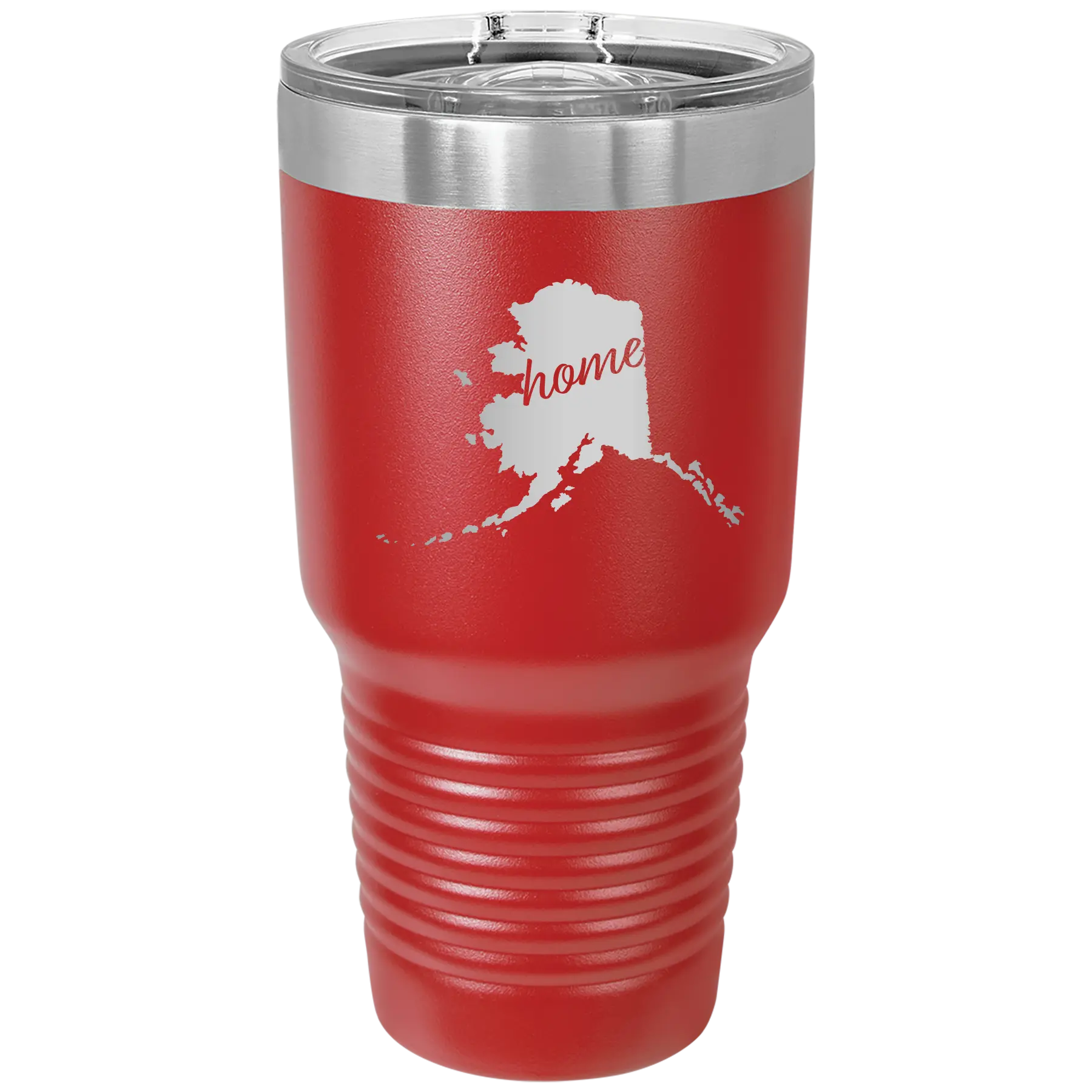 Laser etched red 30 oz vacuum insulated tumbler with 'Alaska Home' design