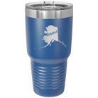 Laser etched royal blue 30 oz vacuum insulated tumbler with 'Alaska Home' design