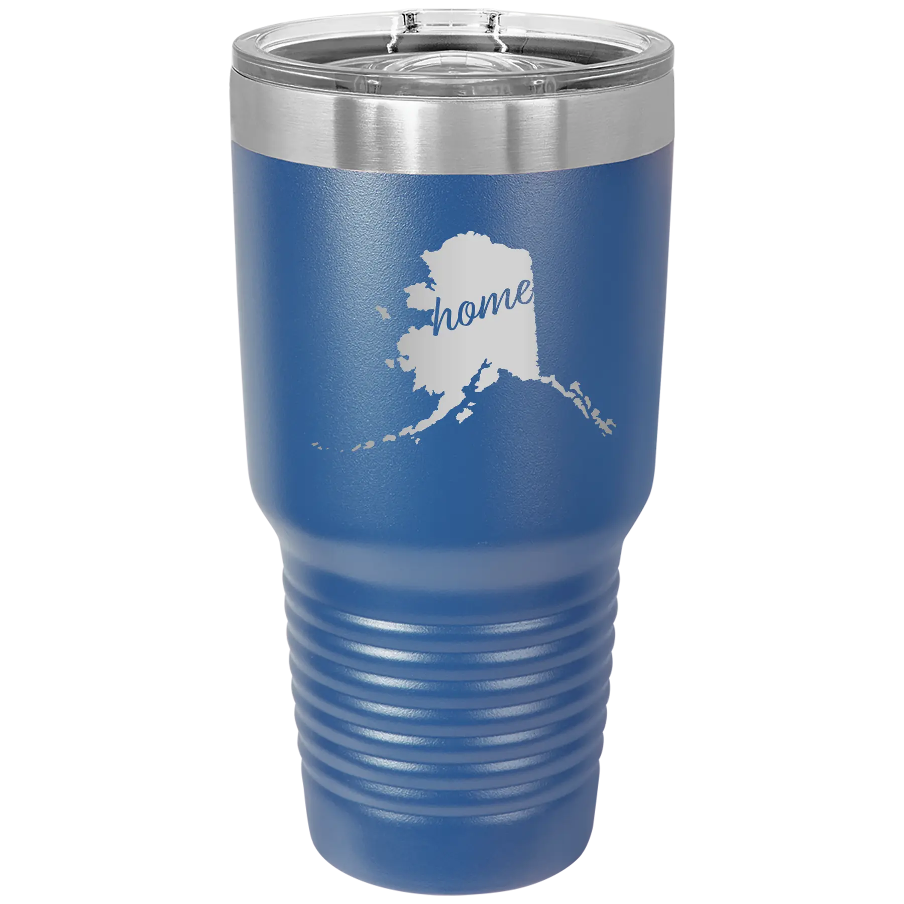 Laser etched royal blue 30 oz vacuum insulated tumbler with 'Alaska Home' design