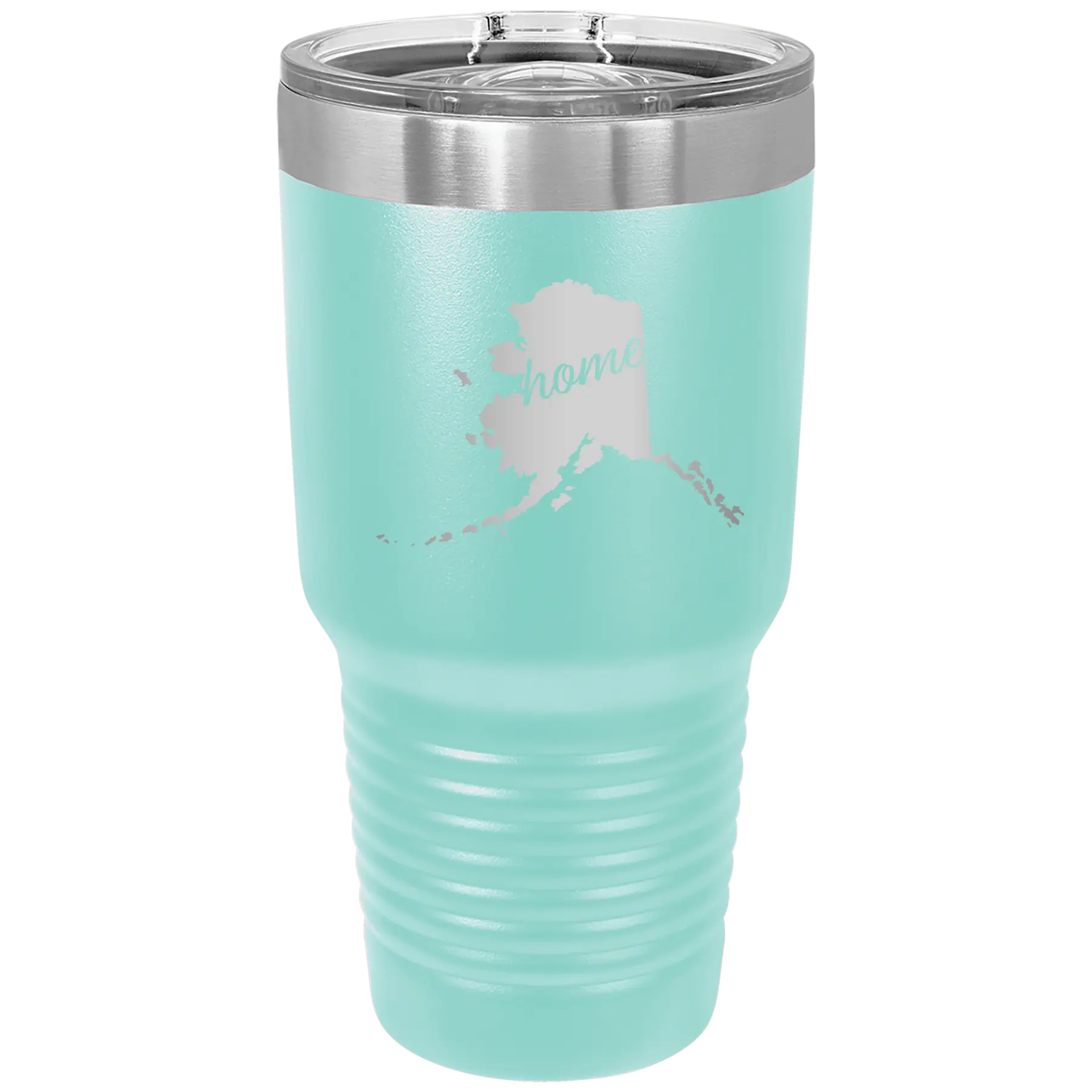 Laser etched teal 30 oz vacuum insulated tumbler with 'Alaska Home' design