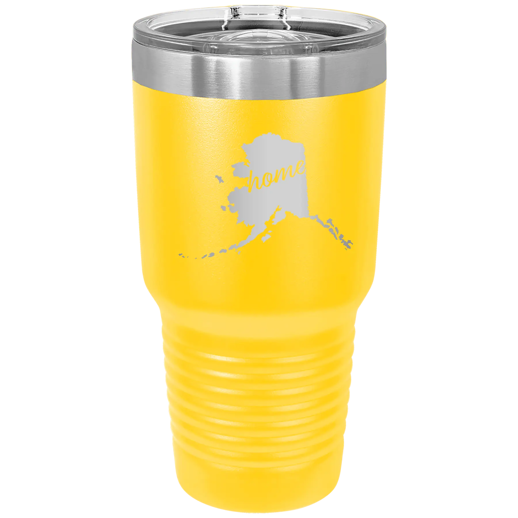 Laser etched yellow 30 oz vacuum insulated tumbler with 'Alaska Home' design