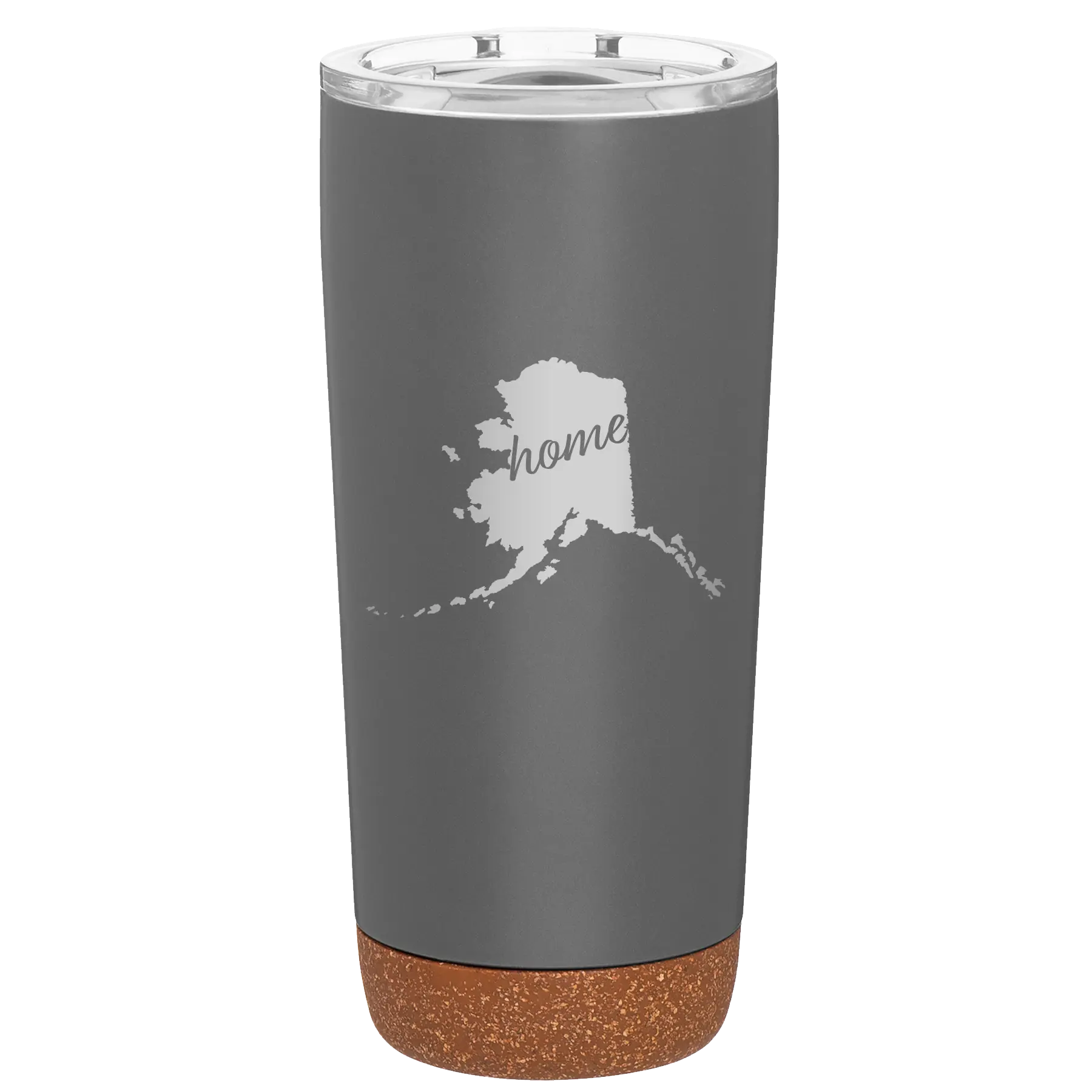 Laser etched storm gray 20 oz vacuum insulated tumbler with 'Alaska Home' design