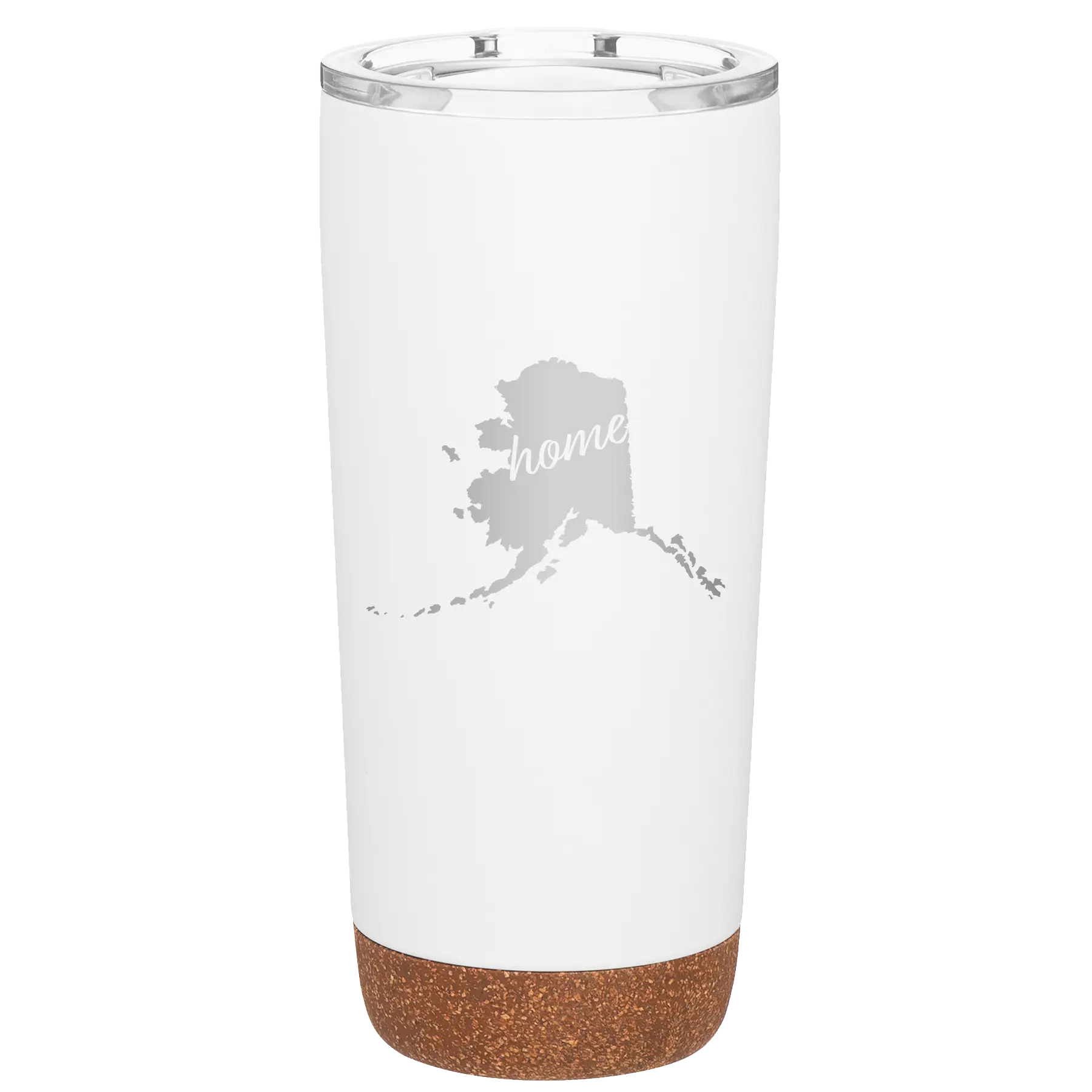 Laser etched white 20 oz vacuum insulated tumbler with 'Alaska Home' design