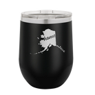 Laser etched black 12 oz vacuum insulated wine cup with 'Alaska Home' design