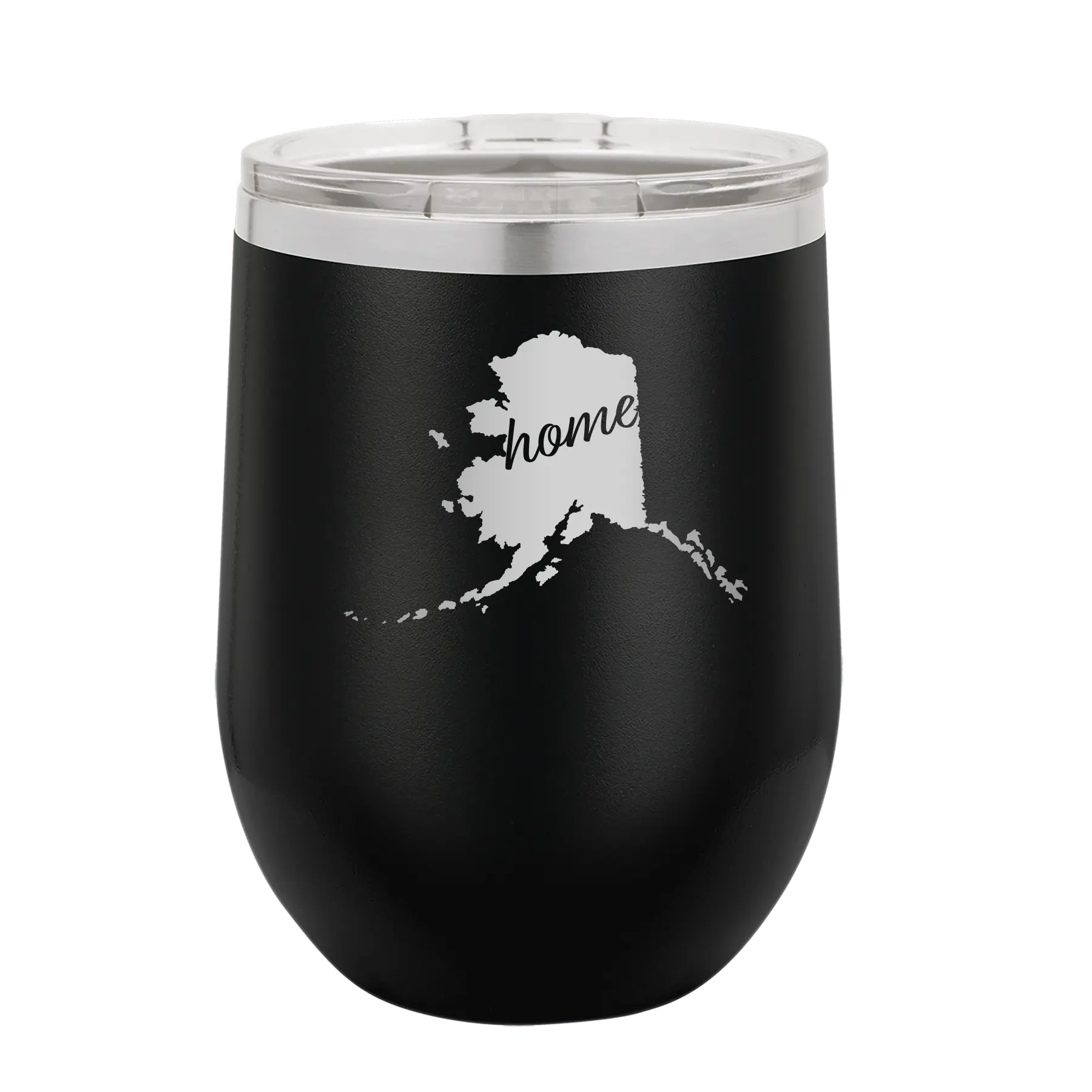 Laser etched black 12 oz vacuum insulated wine cup with 'Alaska Home' design