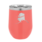 Laser etched coral 12 oz vacuum insulated wine cup with 'Alaska Home' design