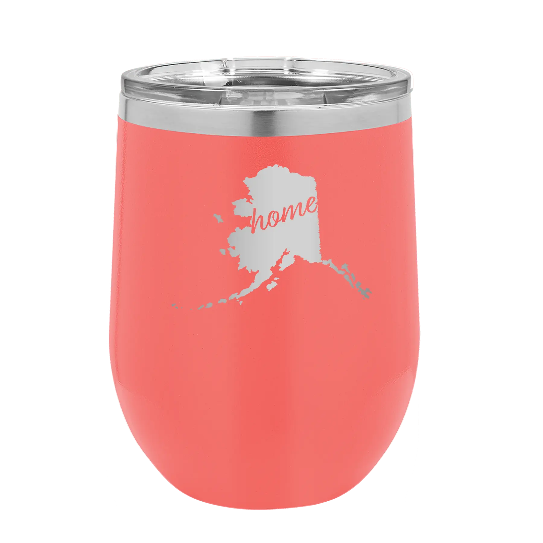 Laser etched coral 12 oz vacuum insulated wine cup with 'Alaska Home' design