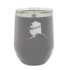 Laser etched dark gray 12 oz vacuum insulated wine cup with 'Alaska Home' design