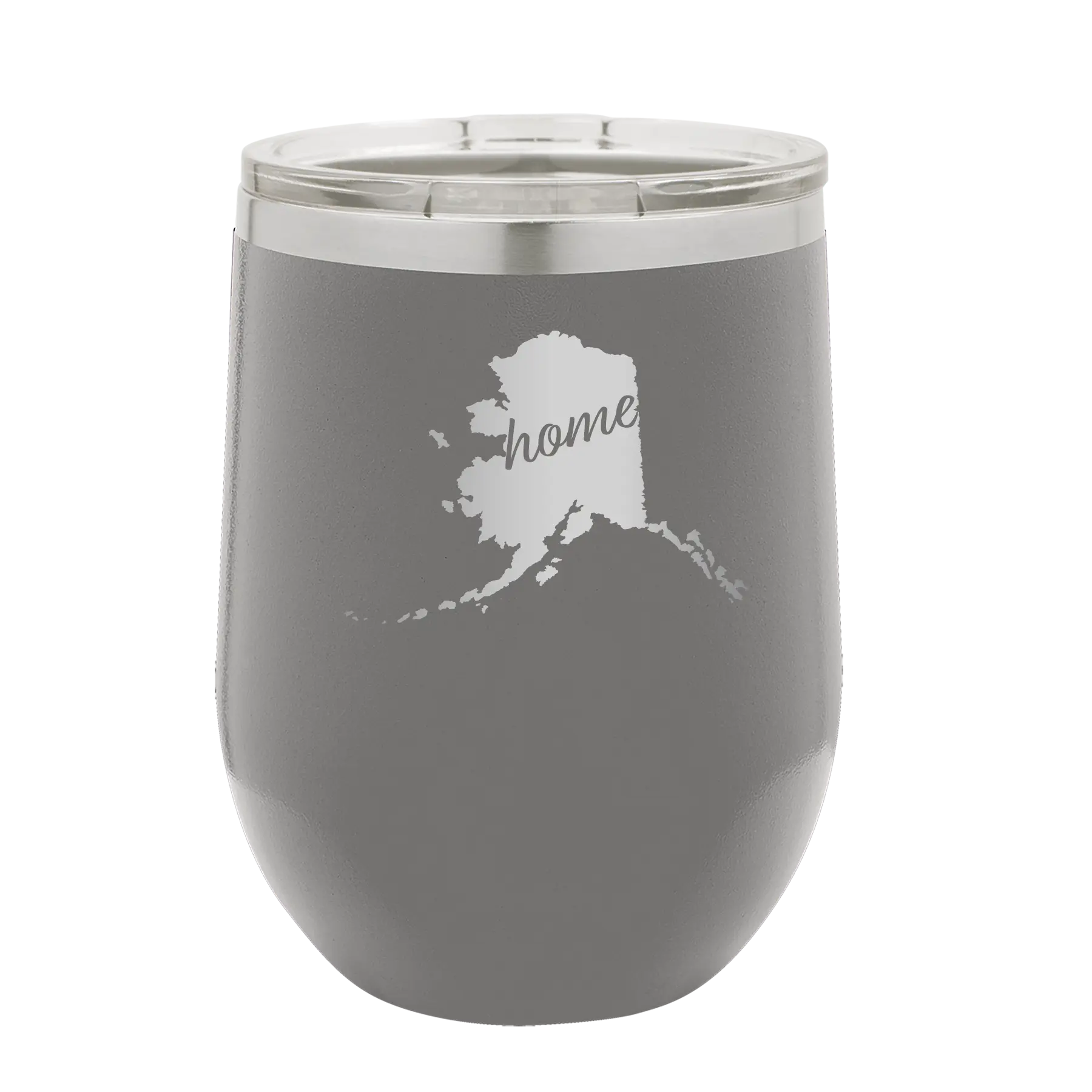 Laser etched dark gray 12 oz vacuum insulated wine cup with 'Alaska Home' design