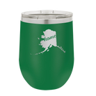 Laser etched green 12 oz vacuum insulated wine cup with 'Alaska Home' design