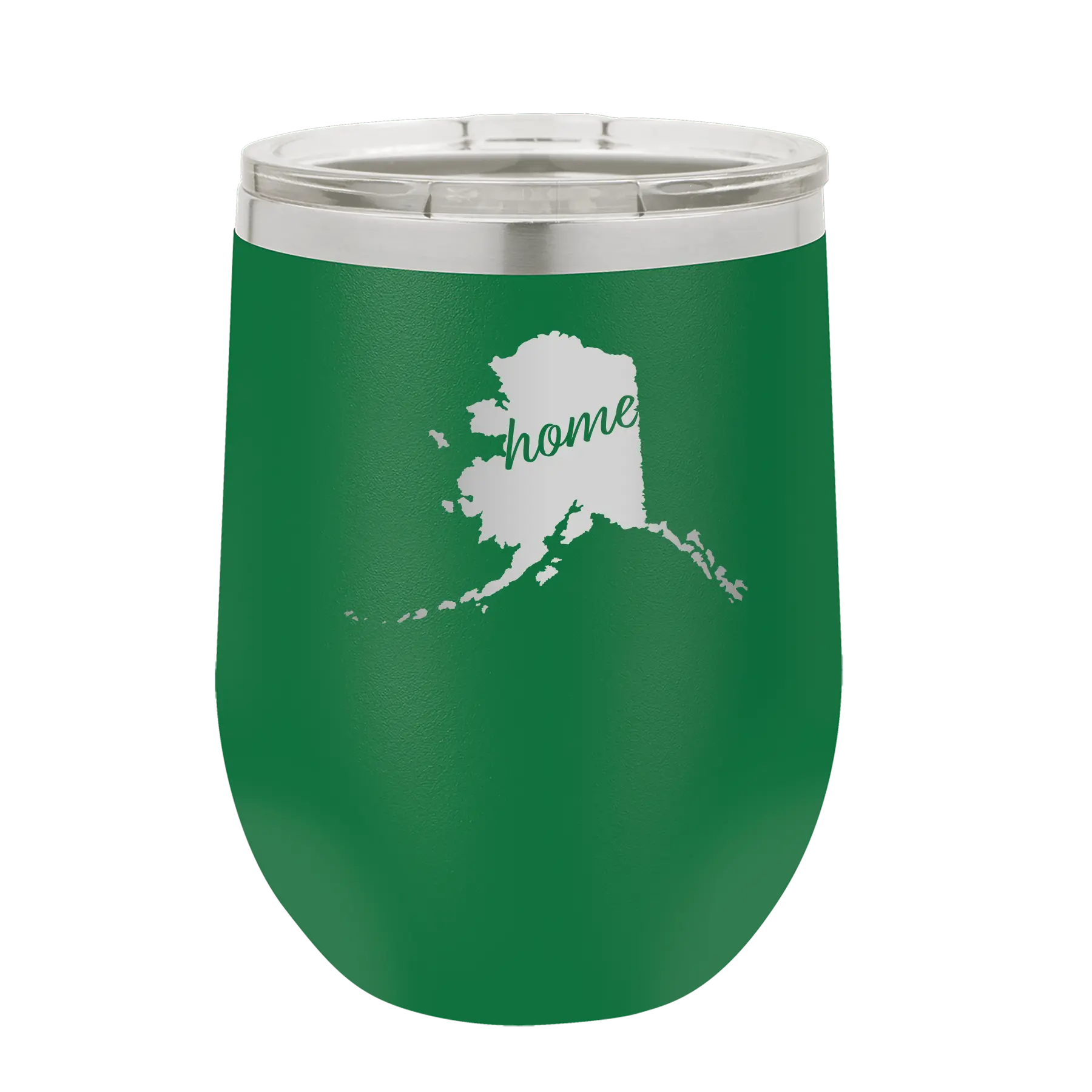 Laser etched green 12 oz vacuum insulated wine cup with 'Alaska Home' design