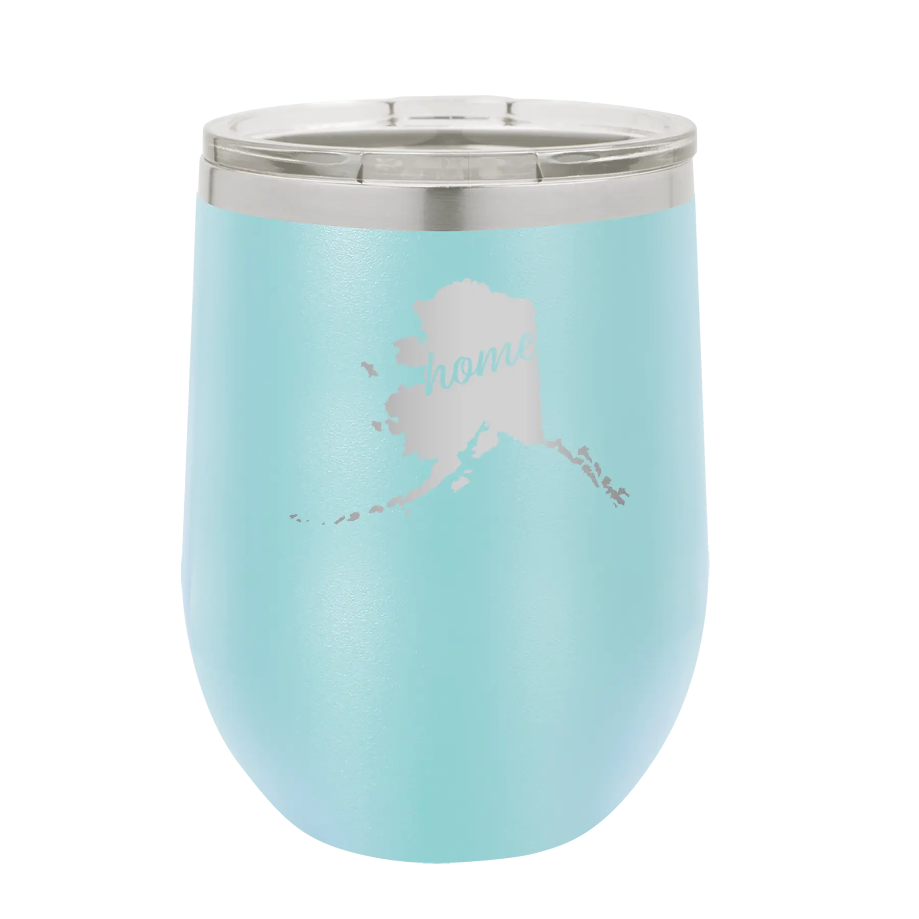 Laser etched light blue 12 oz vacuum insulated wine cup with 'Alaska Home' design