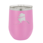Laser etched light purple 12 oz vacuum insulated wine cup with 'Alaska Home' design