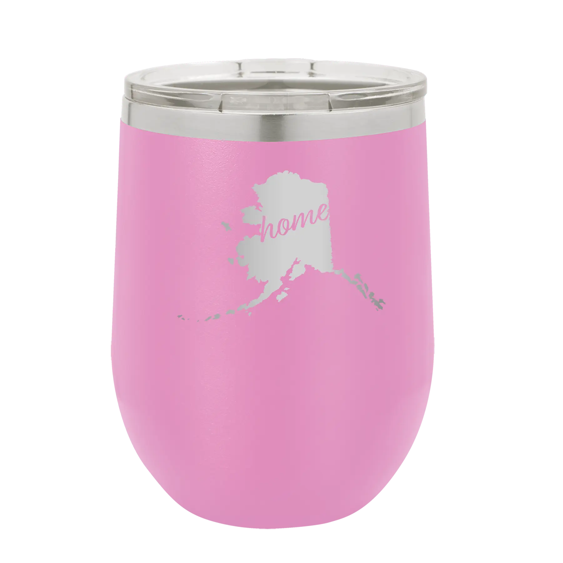 Laser etched light purple 12 oz vacuum insulated wine cup with 'Alaska Home' design