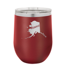 Laser etched maroon 12 oz vacuum insulated wine cup with 'Alaska Home' design