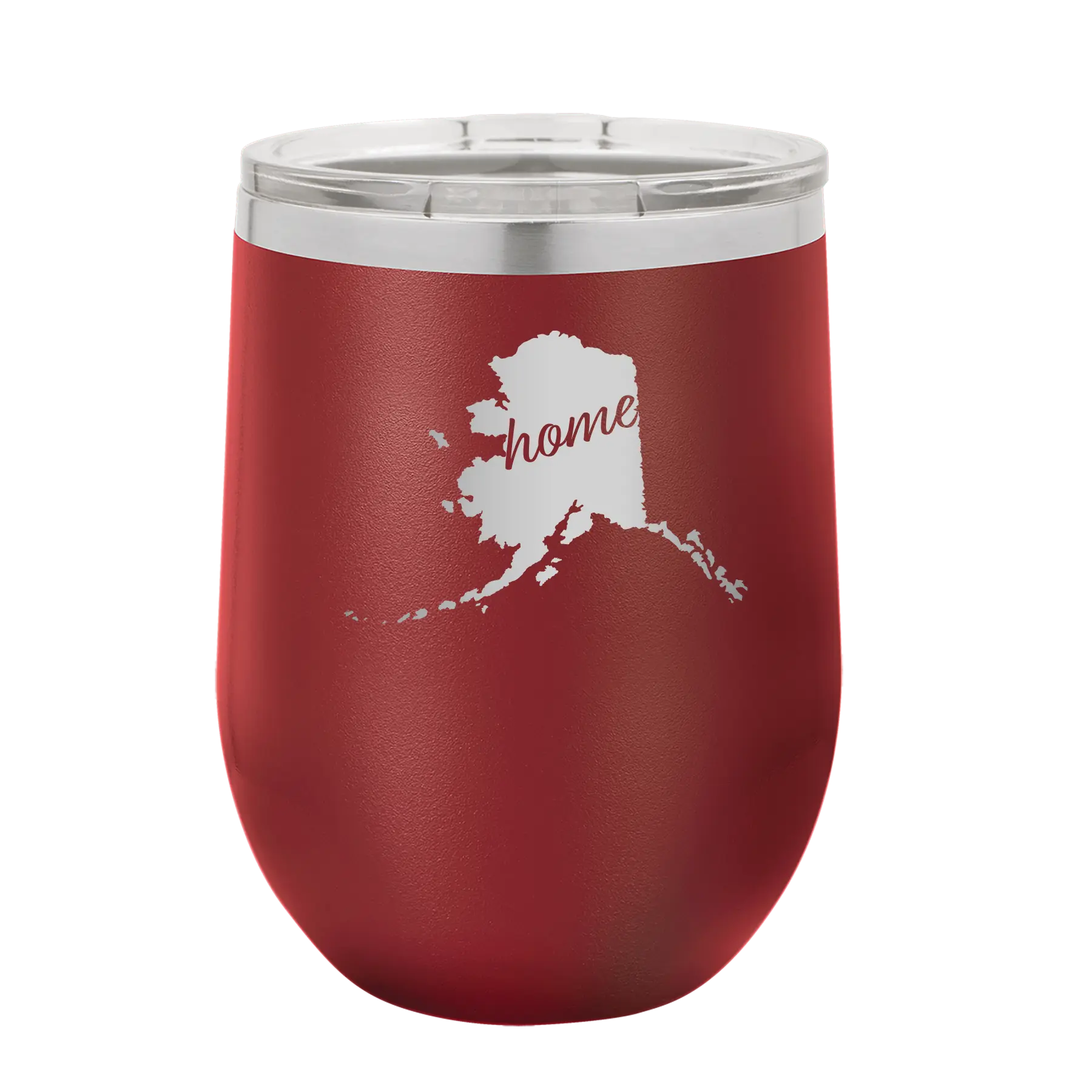 Laser etched maroon 12 oz vacuum insulated wine cup with 'Alaska Home' design