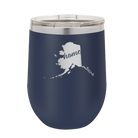 Laser etched navy 12 oz vacuum insulated wine cup with 'Alaska Home' design
