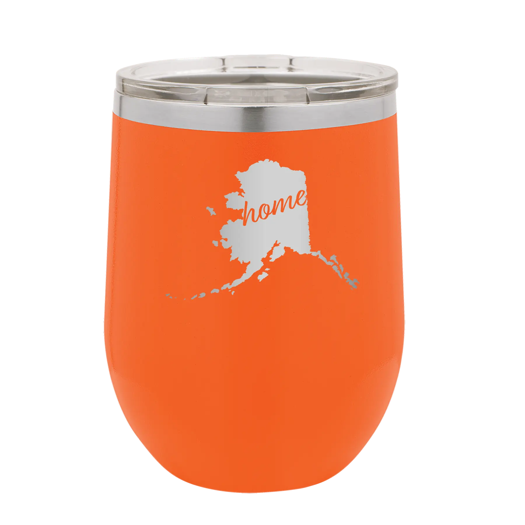 Laser etched orange 12 oz vacuum insulated wine cup with 'Alaska Home' design