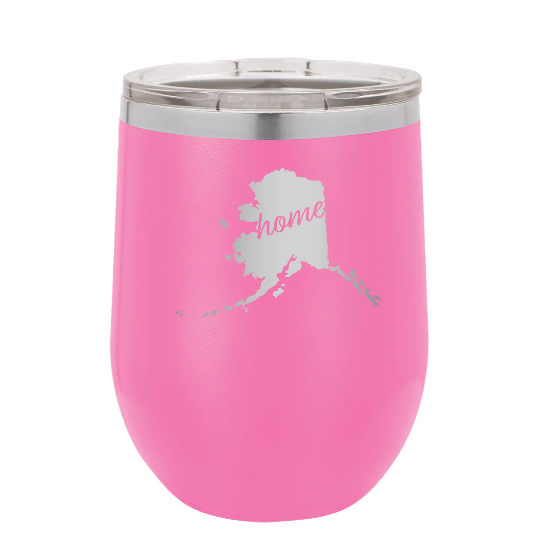 Laser etched pink 12 oz vacuum insulated wine cup with 'Alaska Home' design